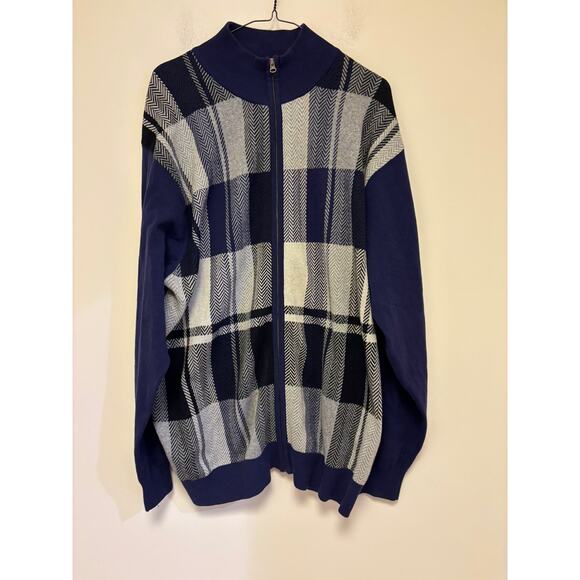 Paul Fredrick Full Zip Plaid Knit Sweater Navy Blue Sie XL - Picture 1 of 5